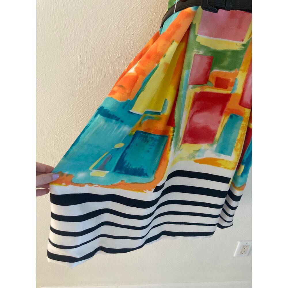 Rickie Freeman Teri Jon Silk Watercolor Abstract Stripe Colorful Belted Dress 8 - Picture 8 of 15